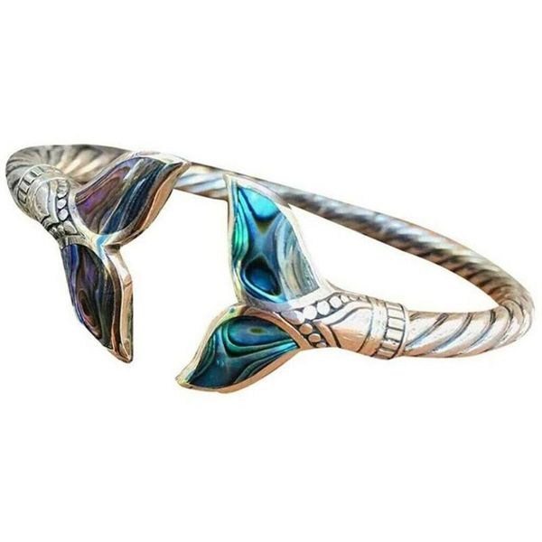 

bangle abalone shell and mermaid tail bracelet adjustable open hand chain for women girls trendy creative beach jewelry gift, Black