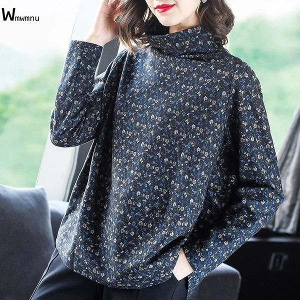 

plus size 6xl long sleeve spring pullover women's clothing casual base tees female fashion floral print half turtleneck t-shirt, White