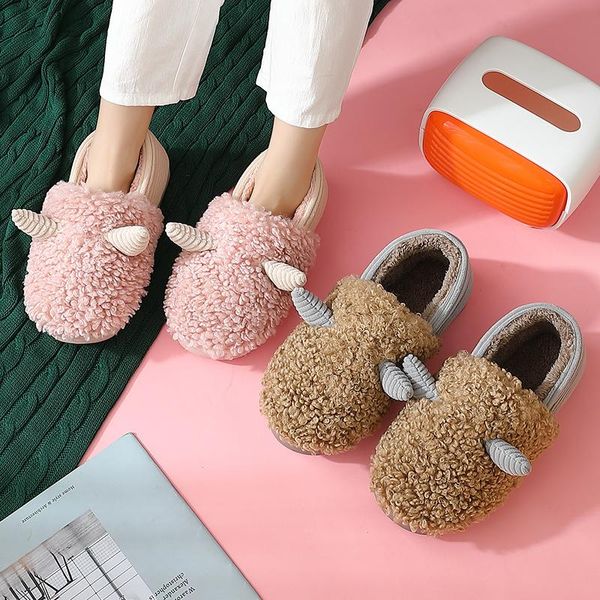 

slippers winter house warm fur for women cute deer bedroom plush home cotton shoes non-slip indoor men couple furry slipper, Black