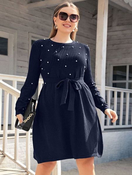 

plus pearls beaded belted knit dress y4iu#, Black