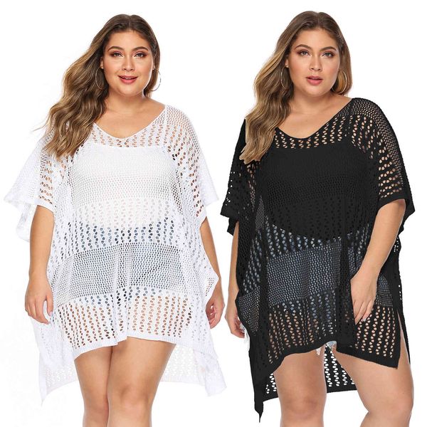 

women's plus size large hollow out woven solid irregular split loose beach bikini blouse f986