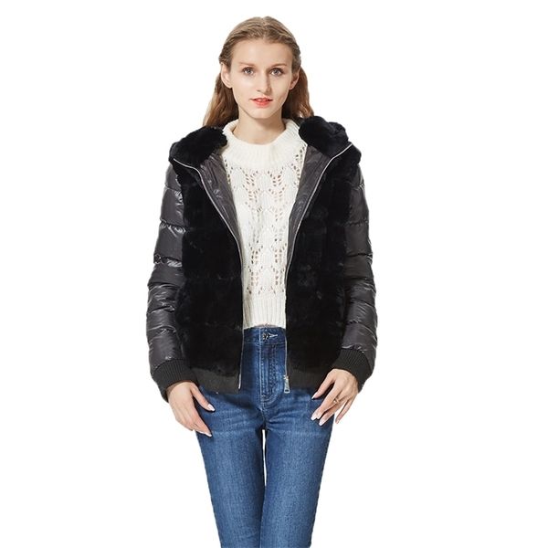 

real rex rabbit fur coat with hood down jacket sleeves fur bomber jacket hooded with down coat women 211007, Black