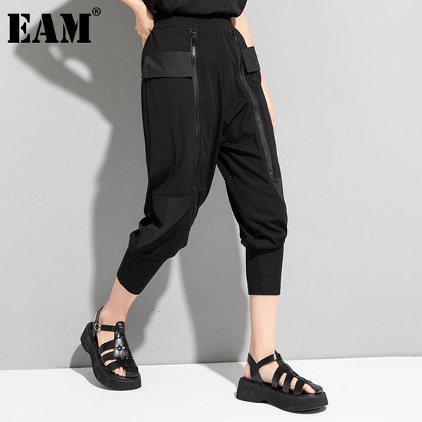 

[eam] high elastic waist pockets zippers trousers loose fit calf-length pants women fashion spring autumn 1dd7755 210512, Black;white
