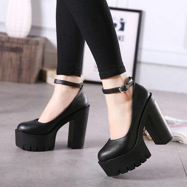 

chunky heel platform shoes summer women black pumps 14 cm thick ankle strappy round toe high heels office ladies dress