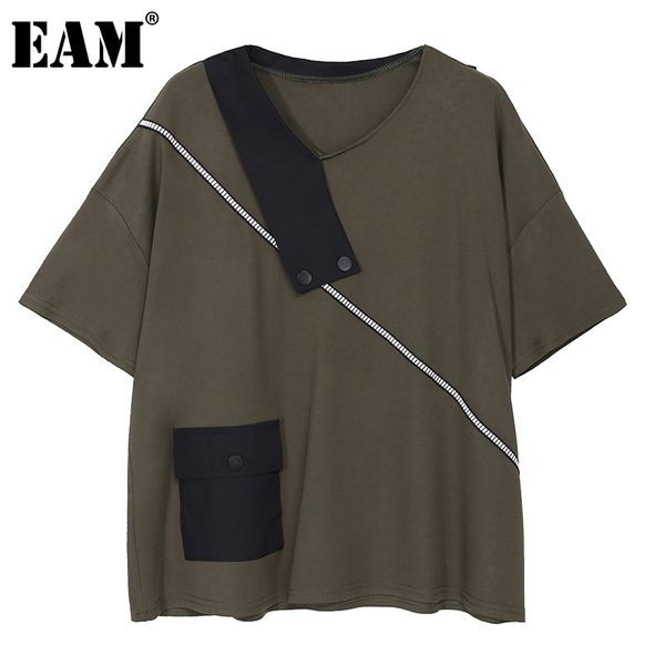 

[eam] women green spliced pocket big size casual t-shirt round neck short sleeve fashion spring summer 1dd7518 210512, White