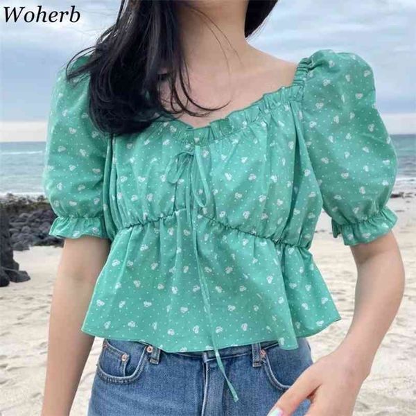 

sweet shirts women summer blusas v neck ruffle puff sleeve temperament blouses korean chic floral crop 210519, White