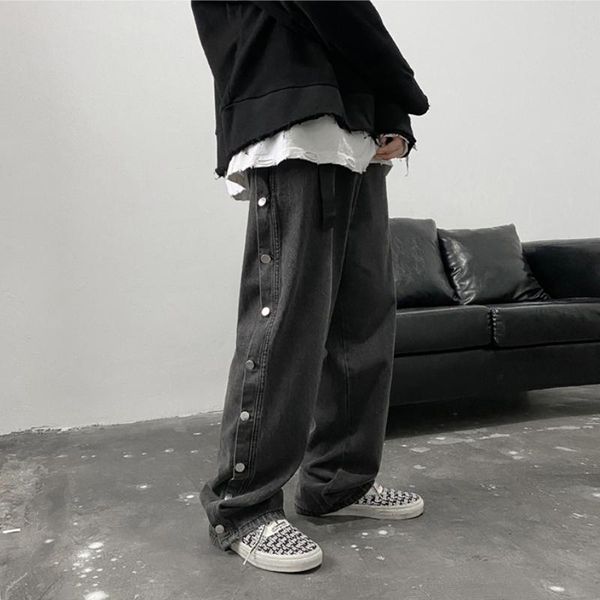 

men's jeans double side button straight men fashion loose casual hip hop trousers wide leg harajuku cargo pants, Blue