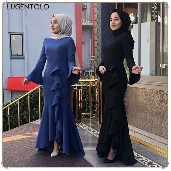 

casual dresses women long dress spring elegant solid lady dinner sleeve ruffles temperament female bodycon maxi lugentolo, Black;gray