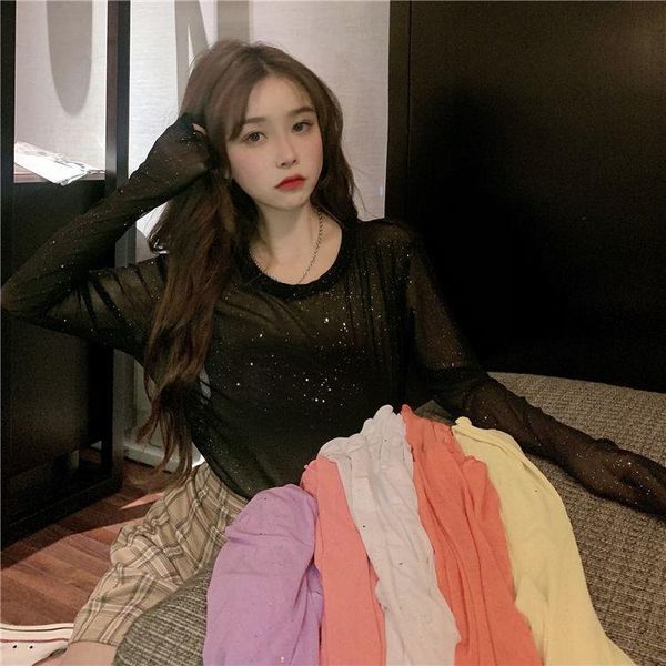 

women's t-shirt gauze shiny round neck summer 2021 korean style thin long sleeve sunscreen shirt, White
