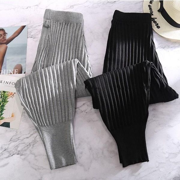

autumn winter knitted harem cargo womens capris korean high waist ankle length trousers causal women sweater black gray k769, Black;white