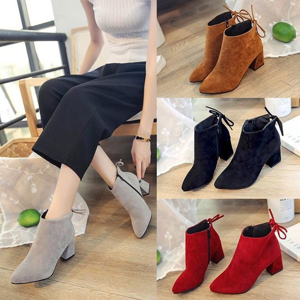 

fashion work boots women pointed thick heel high heels bow knot side zipper large size shoes keep warm, Black