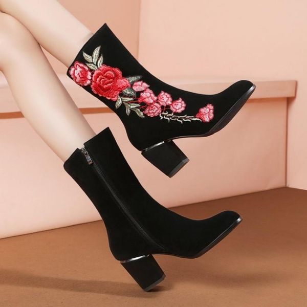 

boots women's shoes 41-43 national style autumn winter large size and cowhide elegant thick heel round head embroidered, Black