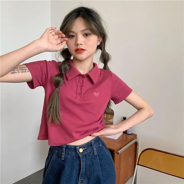 

women's t-shirt summer korean version of 2021 slim short love embroidery collar girl sleeve jacket women, White