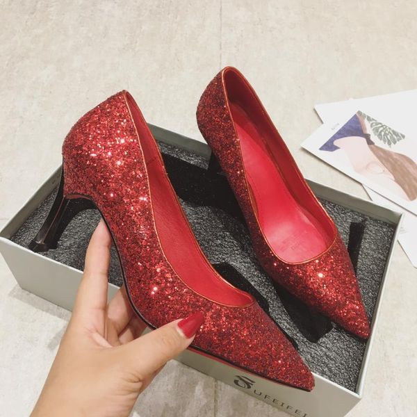 

dress shoes pumps women high heels female solid color bling shallow mouth pointed toe thin fashion wedding, Black