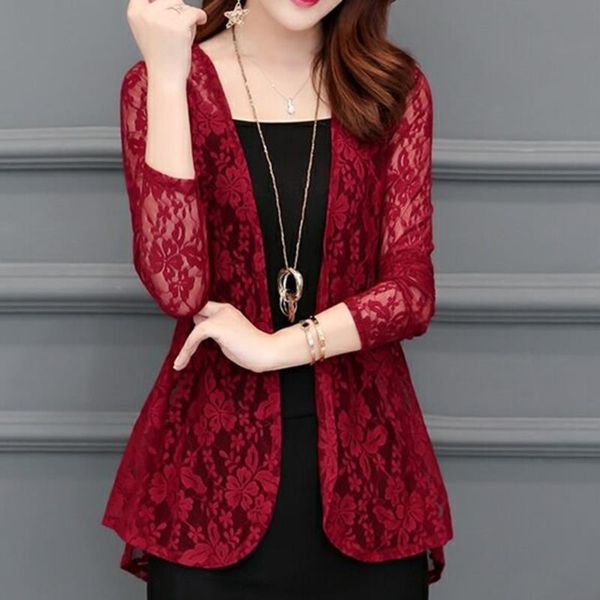 

women blouses summer polyester kimono cardigan sunproof blouse boho style beach lace chiffon sunscreen outwear casual long sleeve shirt, White