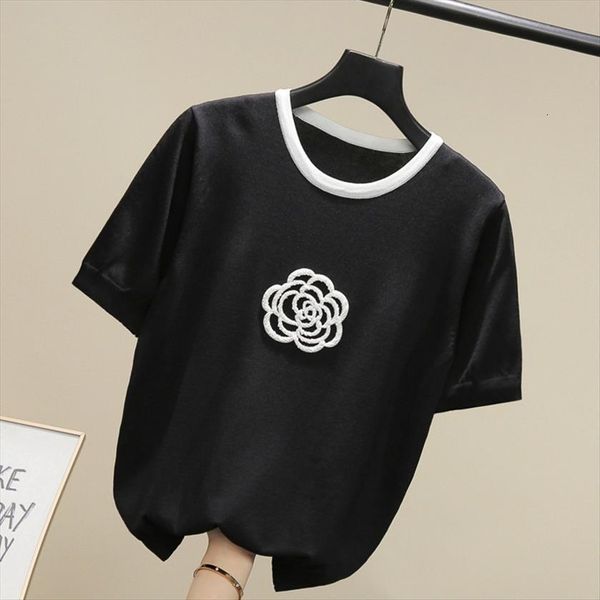 

korean fashion beading flower women sweaters ice silk knitted pullover patchwork summer thin floral short sleeve o neck black white, White;black