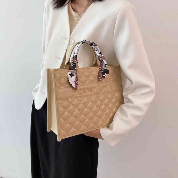 

summer style texture large capacity rhombic lattice embroidered thread letter handbag silk scarf tote bag