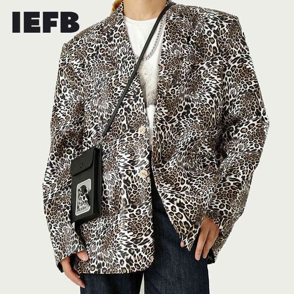 IEFB masculina tendência de tendência de leopard imprimir couro pu casaco casual vintage colarinho de manga longa casaco de terno 9Y7305 210524