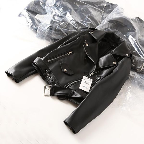 

women's leather & faux autumn women black pu jacket streetwear moto biker slim fit turn down collar coat outwear with belt
