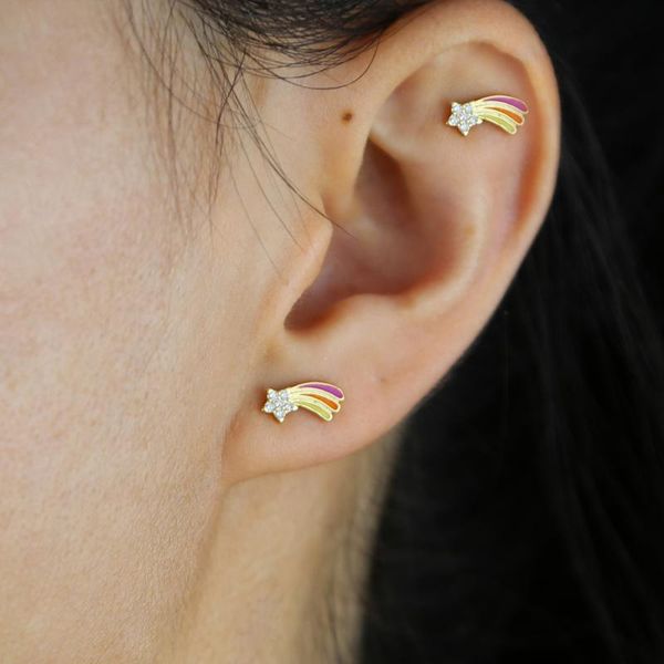 

christmas gift 925 sterling silver colorful enamel jewelry micro pave cubic zirconia simple star shooting stud earring, Golden;silver