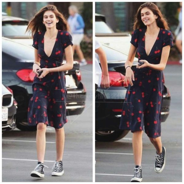 

dresses d version of the same street cherry print , spring and summer 2021 super fire v-ne lace up wrap, Black;gray