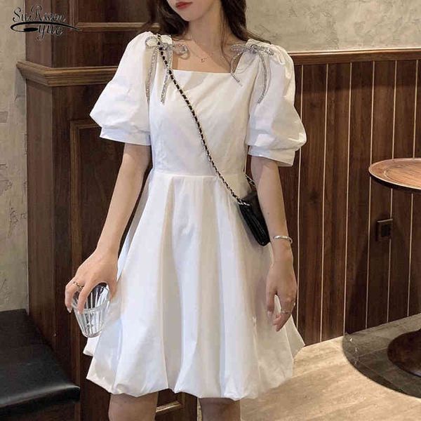 Frauen Weiß Puffärmel Koreanisches Feenkleid Bögen Chiffon Japan Stil Kawaii Elegante Vintage Party Sommer Mini 14556 210521