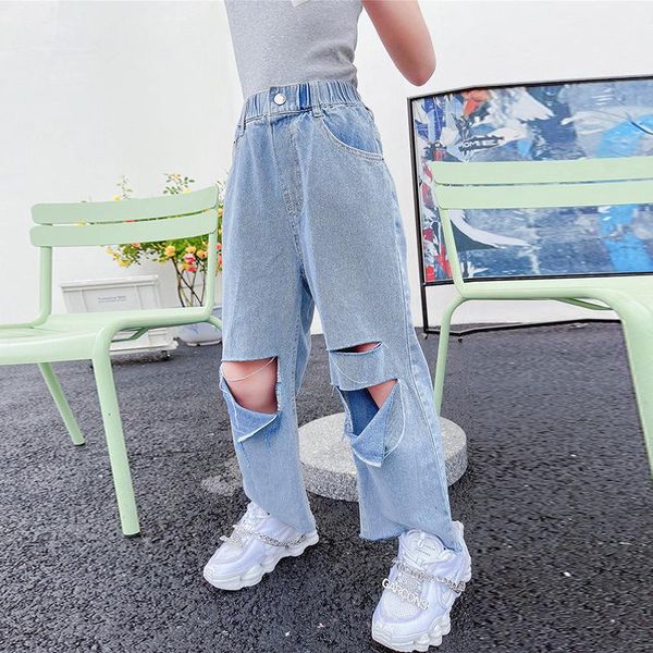 

jeans girls pants spring teenage ripped for hole pencil 8 10 12 y student children casual kids trousers, Blue