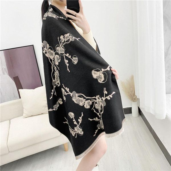 

scarves 2021 plum blossom print cashmere scarf winter women pashmina thick warm floral blanket shawl wrap double sides available, Blue;gray