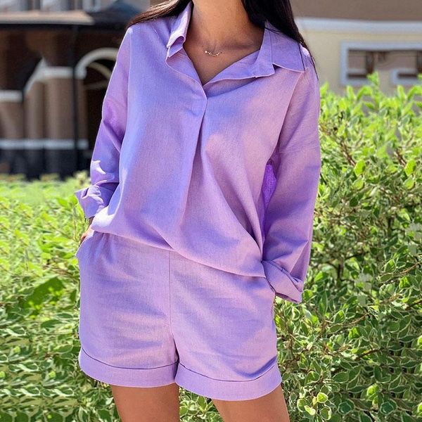 

women's tracksuits 2021 women summer retro lapel long sleeve shorts suit button pure color elegant matching fashion loose casual street, Gray