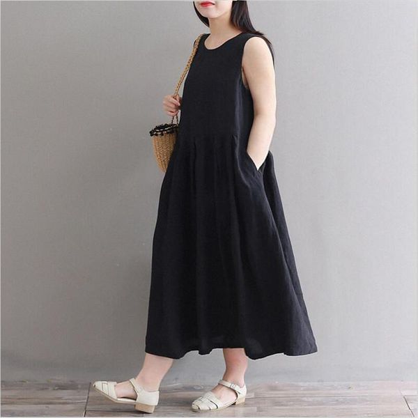 

plus size dresses thin cotton linen 2021 women summer casual tank dress loose comfortable solid preppy style vestido l-7xl, Black