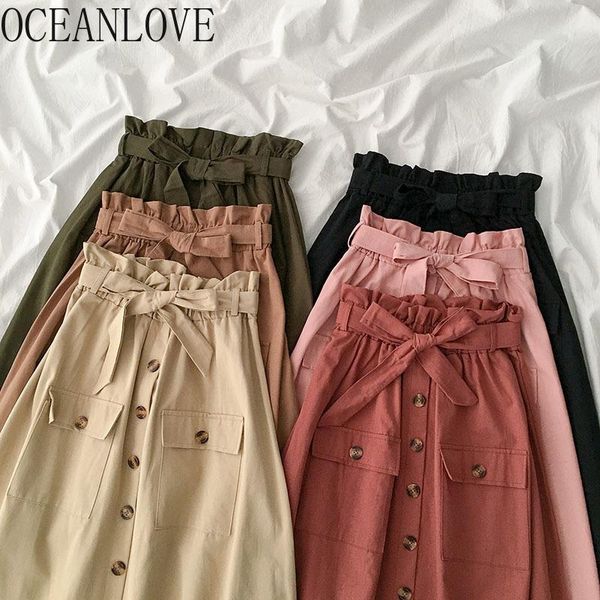 

skirts oceanlove bow solid 2021 long skirt buttons  spring women student casual simple fashion faldas ins pocket 14061, Black