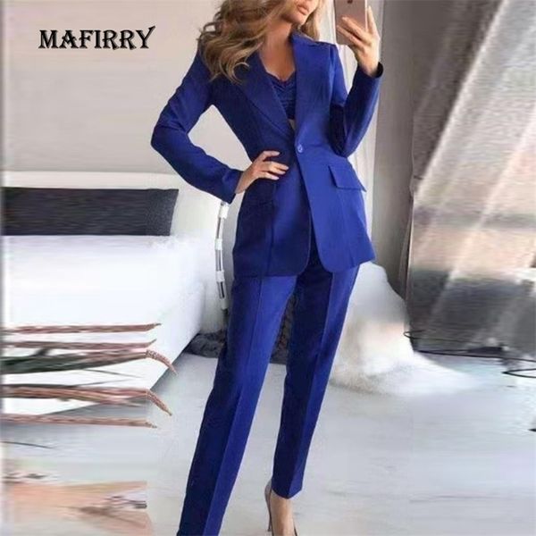 

elegant solid women blazer 3 piece set long sleeve turn-down collar single button suit office lady high waist slim 3pcs 220315, White