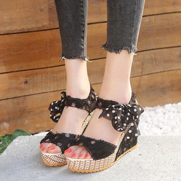 

women's cloth peep toe polka dot lace bow slope heel sandals sweet casual outdoor shoes platform fish mouth women, Black