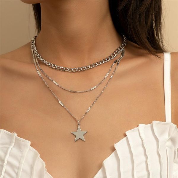 

chains y2k korean choker holiday gift metal chain combination necklace female temperament stylish star tag trinket, Silver