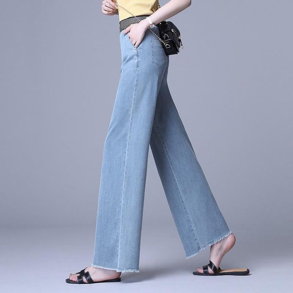 

women's jeans women pants leisure loose high waist vintage wide leg jean korean style full-length tencel cotton denim, Blue
