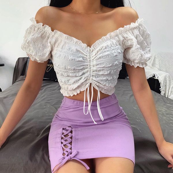 

color tshirts short crew neck casual womens t-shirt crop r puff sleeve natural, White