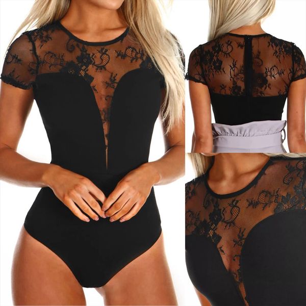 

lace bodysuit short sleeve women romper splicing perspective ropa mujer, Black;white