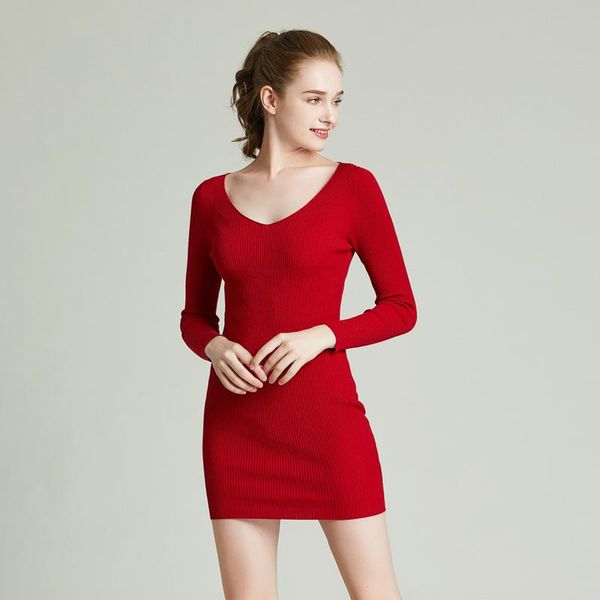 

fashion women's v-neck solid knitted dress casual dresses, Black;gray