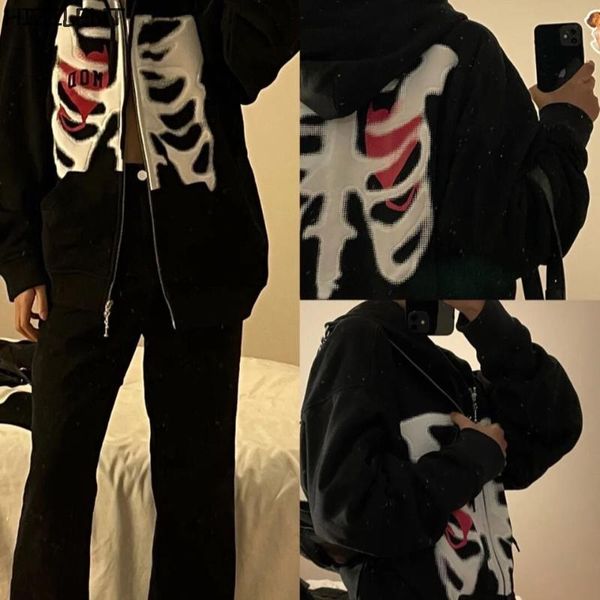 

women's hoodies & sweatshirts zip-up y2k harajuku korean style loose skull print goth grunge long-sleeved hooded coat solid color retro, Black