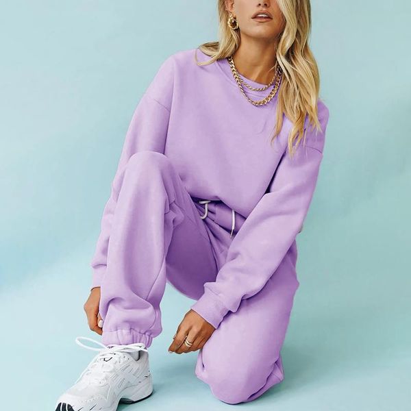 

women's two piece pants tracksuits set women lace-up sport sweatshirt suit loose 2 long fashion female solid color pullove+trousers, White