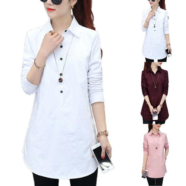 

women's blouses & shirts solid color long summer womens casual sleeve buttons loose t shirt blouse tuinc turn down collor, White