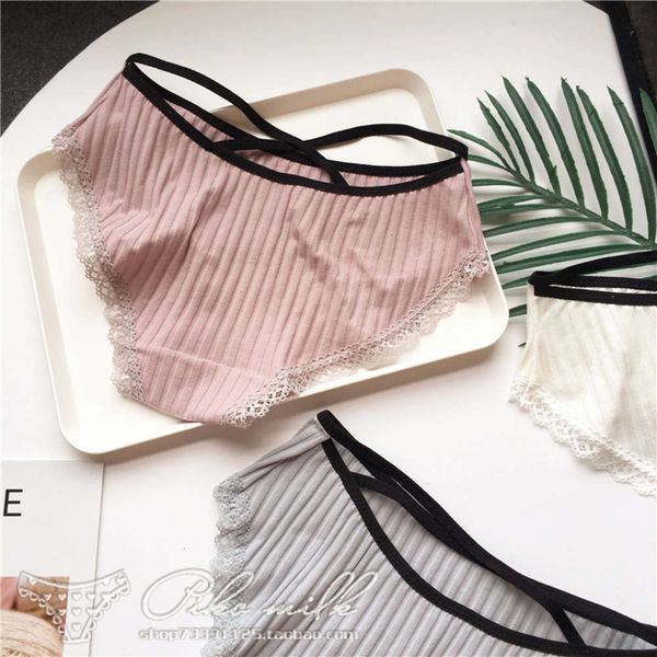 

solid striped cotton underwear women lovely cross lace side seamless briefs breathable menstrual panties lingerie, Black;white
