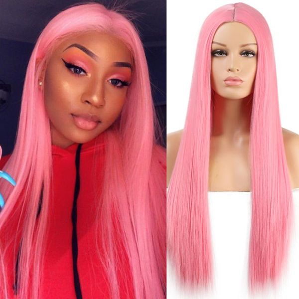 

synthetic wigs quinlux high temperature fiber long silky straight pink princess cosplay wig for women halloween natural part, Black