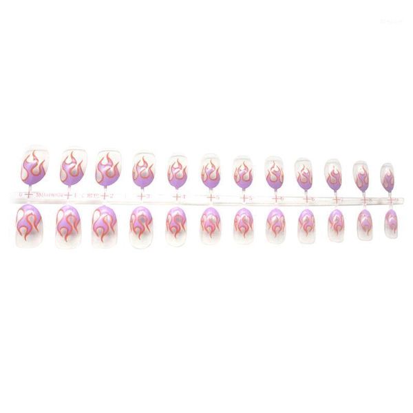 

24pcs short matte accessories full cover fake flame fire pattern art tips false nails finished artificial diy decorative1, Red;gold