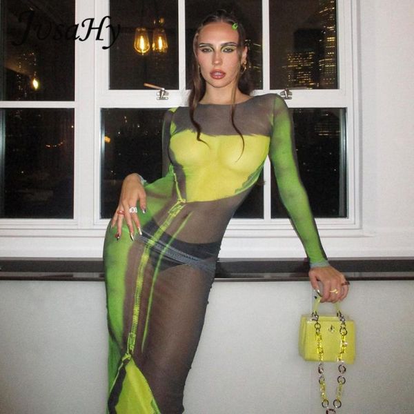 

casual dresses jusahy mesh see through aesthetic print maxi dress for women fashion long sleeve o-neck stretchy party clubwear, Black;gray