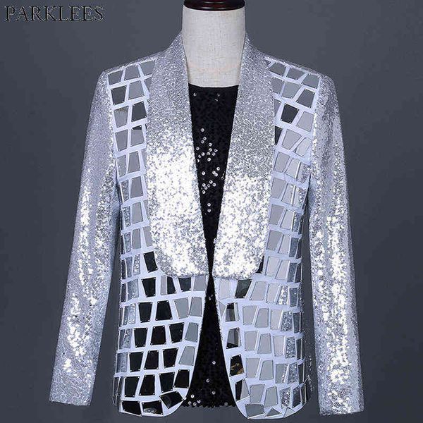 

silver sequin blazer men brand shawl collar single button mens suit jacket shiny plaid sequins party dance stage costume homme 211111, White;black