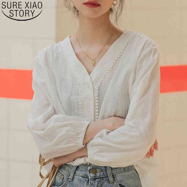 

vintage long sleeve and blouse women cotton shirt white ladies v-neck hollow out loose shirts casual blusas 10956 210417