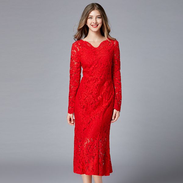 

big yards dresses 2021 spring lace fishtail long v-ne red 200kg women's