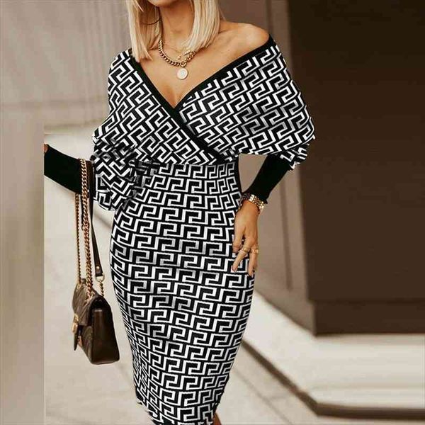 

women deep v neck party dress winter office lady autumn casual long sleeve slim dress elegant striped printed bodycon, Black;gray