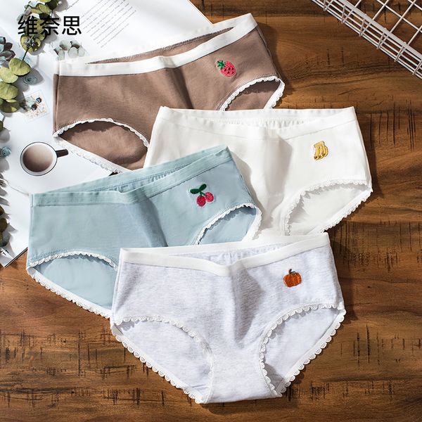 

girl student triangle breathable cotton crotch underwear women's middle waist cute cartoon embroidery, Black;pink